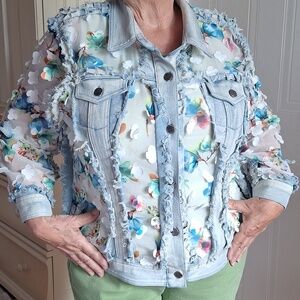 Light Wash Denim Jean Jacket with Floral Sheer Panels